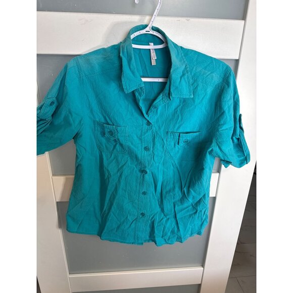 Turquoise Button-Up Collared Shirt With Rolled Sleeves & Chest Pockets     14-75 - Picture 1 of 8